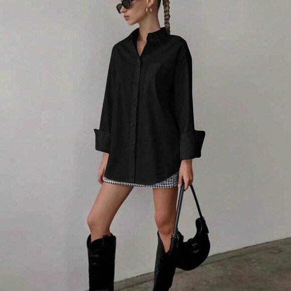 Black Casual Women's Loose Long Sleeved button down shirt - Picture 4 of 4